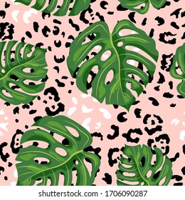 Manchas tropicales exóticas de monastera y manchas de leopardo sin fisuras. Ilustración vectorial.
