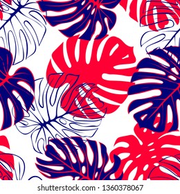 Tropical exotic monstera palm leaves seamless pattern. Exotic jungle backgound.