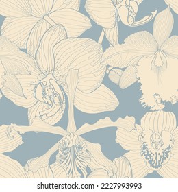 Tropical exotic orchids flowersl line blue seamless pattern, line background. Exotic jungle wallpaper.	