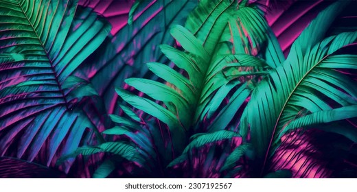 Tropical exotic palm leaves botanical vector dark green blue pink gradient banner background wallpaper design.Floral frame.Jungle surface.Botanical illustration.Card template.Decoration.Greenery leaf