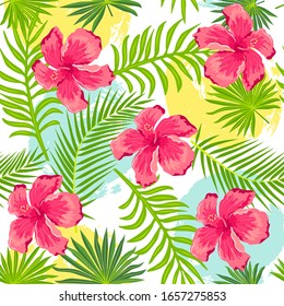 Hojas tropicales exóticas de palma, flores de hibisco con manchas de estilo dibujadas a mano. Patrón sin problemas. Ilustración vectorial.