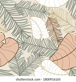Tropical exotic palm leaves seamless pattern. Hand drawn palm leaves with contour In soothing pastel colors. Floral background for fabric, textile, T-shirts and wallpaper.