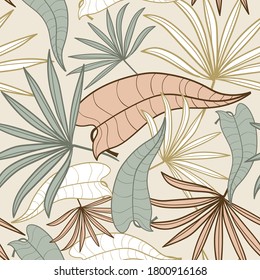 Tropical exotic palm leaves seamless pattern. Hand drawn palm leaves with contour In soothing pastel colors. Floral background for fabric, textile, T-shirts and wallpaper.