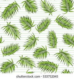 Tropical exotic palm tree branch leaves seamless jungle forest greenery pattern on white background with light green horizontal stripes. Vector design illustration.