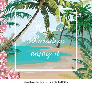 Tropical Exotic Paradise Beach. Summer Beach with Palm trees and flowers. Vector background card