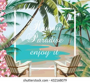 Tropical Exotic Paradise Beach. Summer Beach with Palm trees and flowers. Vector background card