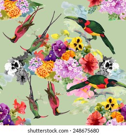 Tropical Exotic parrots birds with flowers colorful seamless pattern on green background vector illustration