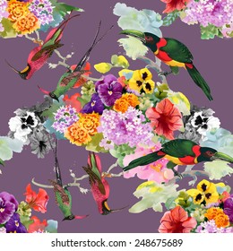 Tropical Exotic parrots birds with flowers colorful seamless pattern on purple background vector illustration