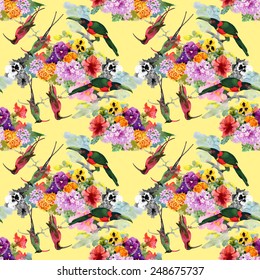 Tropical Exotic parrots birds with flowers colorful seamless pattern on yellow background vector illustration