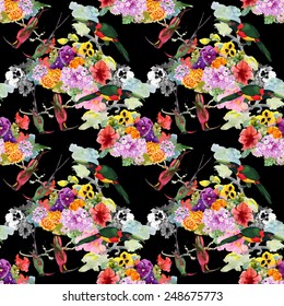 Tropical Exotic parrots birds with flowers colorful seamless pattern on black background vector illustration