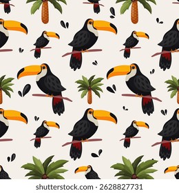 Tropical exotic pattern with bird toucan. Jungle summer background 