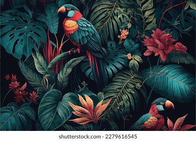 Tropical exotic pattern with macaws and flowers in bright colors and lush vegetation