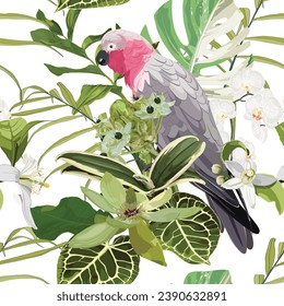 Tropical exotic pattern with parrot and flowers in bright colors and lush vegetation. Tropic exotic multicolor birds parrot with tropical plants, palm leaves, white flowers.