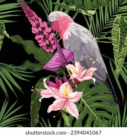 Tropical exotic pattern with parrot and flowers in bright colors and lush vegetation. Tropic exotic multicolor birds parrot with tropical plants, palm leaves, white flowers.