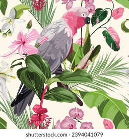 Tropical exotic pattern with parrot and flowers in bright colors and lush vegetation. Tropic exotic multicolor birds parrot with tropical plants, palm leaves, white flowers.