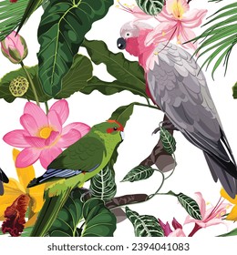 Tropical exotic pattern with parrot and flowers in bright colors and lush vegetation. Tropic exotic multicolor birds parrot with tropical plants, palm leaves, white flowers.