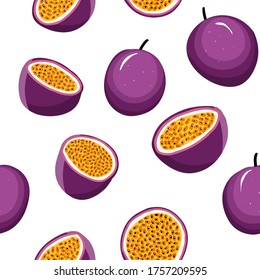Tropical exotic pattern for wallpaper, textile and print. Vector seamless pattern of whole and cut ripe passion fruit. Passiflora edulis