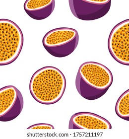 Tropical exotic pattern for wallpaper, textile and print. Vector seamless pattern of slice cut ripe passion fruit. 