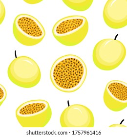 Tropical exotic pattern for wallpaper, textile and print. Vector seamless pattern of whole and cut ripe golden passionfruit. Yellow passiflora edulis