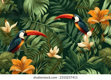 Plantas tropicales exóticas con flores y fondo de pájaros. Ilustración del vector EPS 10