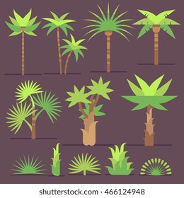 Tropical exotic plants and palm trees vector flat icons