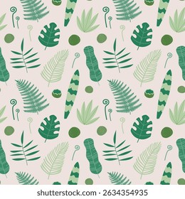 Tropical exotic plants pattern. Green leaf on light background. Hand-drawn vector illustration in flat style.