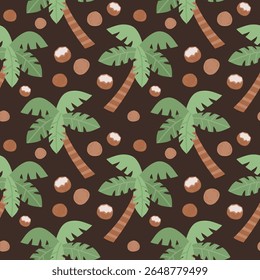 Tropical exotic plants pattern. Palm and coconut on black background. Hand-drawn vector illustration in flat style.