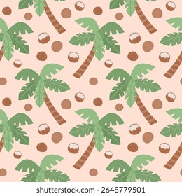 Tropical exotic plants pattern. Palm and coconut on pink background. Hand-drawn vector illustration in flat style.