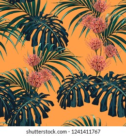 Tropical exotic plants seamless pattern, monster, palm leaves and protea flowers . Decoration on bright yellow background. Colorful exotic rainforest wallpaper.