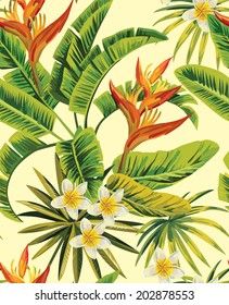 Tropical exotic plumeria flowers and plants with green leaves of palm on a yellow background. Seamless pattern. fashion vintage summer wallpaper