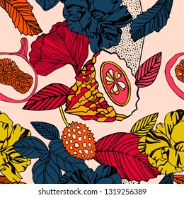 Tropical exotic print, bright fruits and flowers.