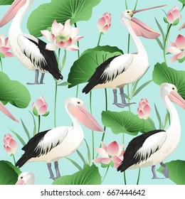 Tropical exotic print with pelicans - Vector Image.