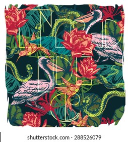 Tropical exotic print with slogan for t-shirt graphic and other uses. Vector illustration.