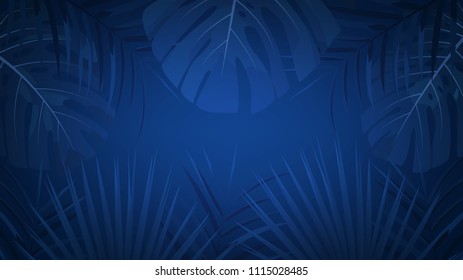 Tropical exotic rainforest background with palm leaves. Tropical night dark background