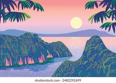 Tropical exotic romantic landscape with traditional jungle and plants in the front and islands and sea in the background. Handmade drawing vector illustration.