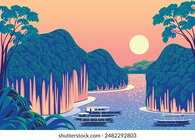 Paisaje tropical exótico romántico con selva tradicional y barcos en el frente e islas y mar en el fondo. Ilustración vectorial de dibujo hecha a mano. Pintura tradicional china de guohua.