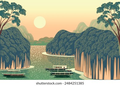 Paisaje tropical exótico romántico con barcos tradicionales en el frente e islas y río en el fondo. Ilustración vectorial de dibujo hecha a mano. Estilo tradicional chino de la pintura del guohua.