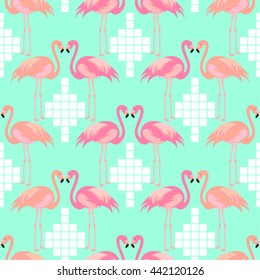 Tropical, exotic seamless pattern with exotic bird. Pink flamingos. Vector.