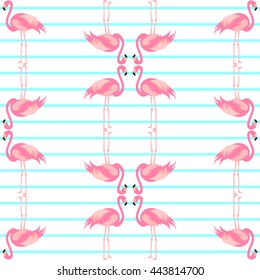 Tropical, exotic seamless pattern with exotic bird. Pink flamingos. Vector.