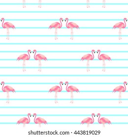 Tropical, exotic seamless pattern with exotic bird. Pink flamingos. Vector.