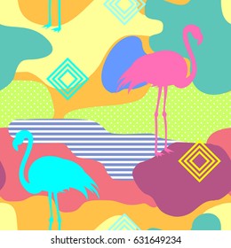 Tropical, exotic seamless pattern with exotic bird. Pink flamingos. Vector.