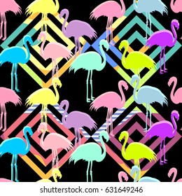 Tropical, exotic seamless pattern with exotic bird. Pink flamingos. Vector.