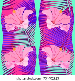 Tropical, exotic seamless pattern with exotic bird. Pink flamingos. Vector.