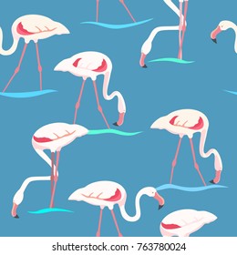 Tropical, exotic seamless pattern with exotic bird. Pink flamingos. Vector.