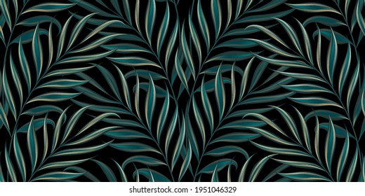 Tropical exotic seamless pattern with bright green golden textured palm leaves on dark black background. Hand-drawn premium vintage 3d vector illustration. Good for luxury wallpapers, fabric printing