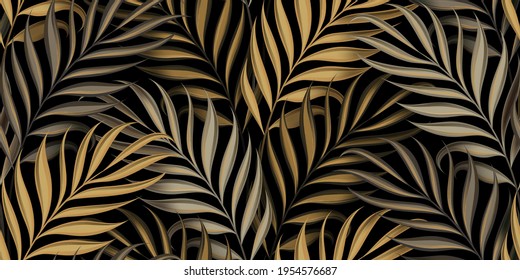 Tropical exotic seamless pattern with bright shiny golden palm leaves on dark black background. Hand-drawn premium textured vintage 3d vector illustration. Good for luxury wallpapers, fabric printing