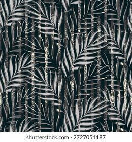 Tropical exotic seamless pattern with bright shiny golden palm leaves on dark black background. Hand-drawn premium textured vintage 3d vector illustration. Good for luxury wallpapers, fabric printing
