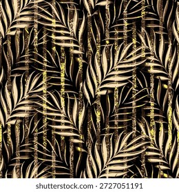 Tropical exotic seamless pattern with bright shiny golden palm leaves on dark black background. Hand-drawn premium textured vintage 3d vector illustration. Good for luxury wallpapers, fabric printing