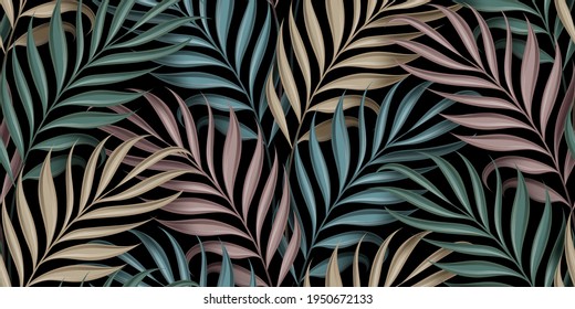 Tropical exotic seamless pattern with colorful textured pastel palm leaves on dark black background. Hand-drawn premium vintage 3d vector illustration. Good for luxury wallpapers, fabric printing