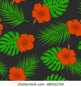 tropical, exotic seamless pattern with flower hibiscus, monstera and palm leaf on black background. floral endless repeatable plant, foliage texture